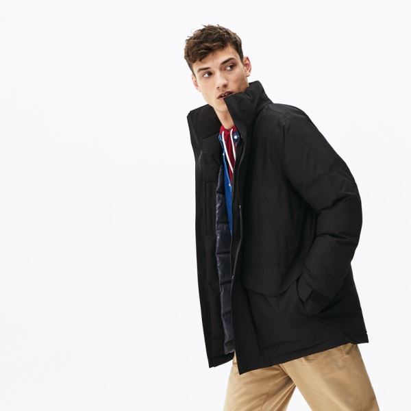 Lacoste Detachable Faux Fur Hood Long Quilted Parka - Parka Pánské Černé / Tmavě Šedé | CZ-ZreFXc